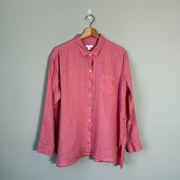 J. Jill Love Linen Long Sleeve Button Down Shirt Blouse Women's Medium Pink - Picture 2 of 12